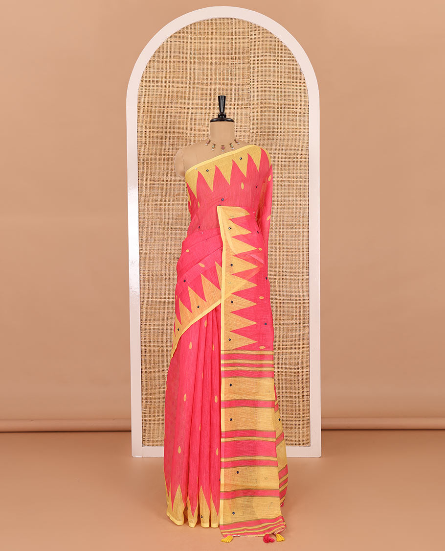 Pink thilakam buttas and mirror work khadi mul cotton saree, contrast temple border, striped and buttas pallu, and a contrast printed blouse