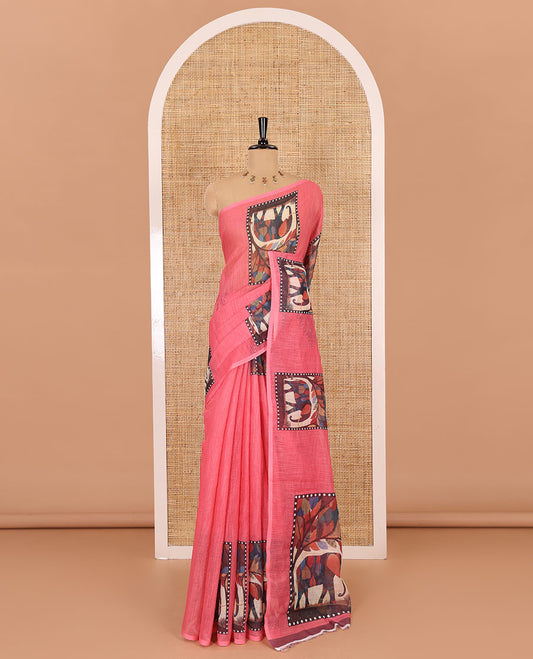 Pink plain linen cotton saree, mordern art style elephant motifs printed border, elephant printed pallu, and a leaf printed blouse