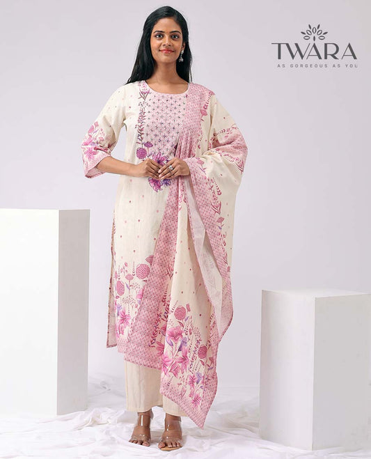 Twara white floral embroidery round neck, 3/4th sleeve, below knee lenght kurti with palazzo pants & floral printed dupatta