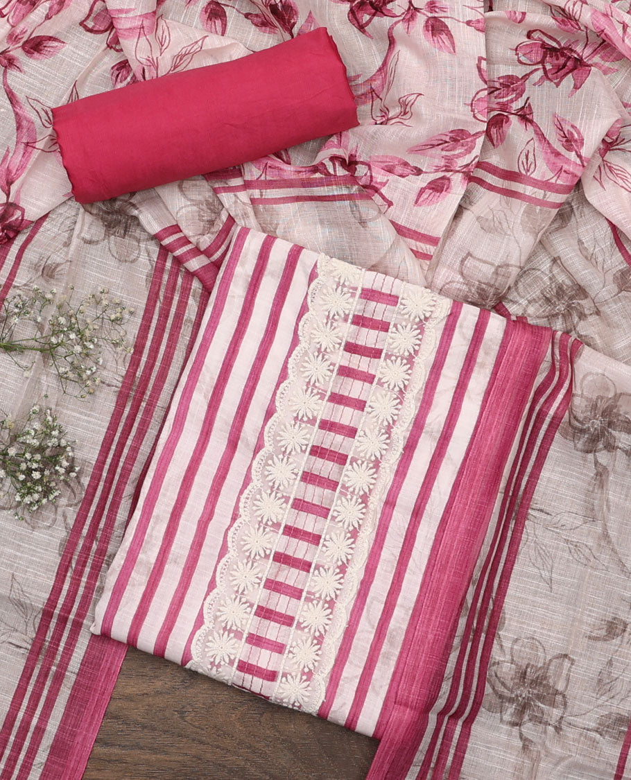 Pink material chudidar set, striped and neck work top, plain bottom, and floral printed dupatta