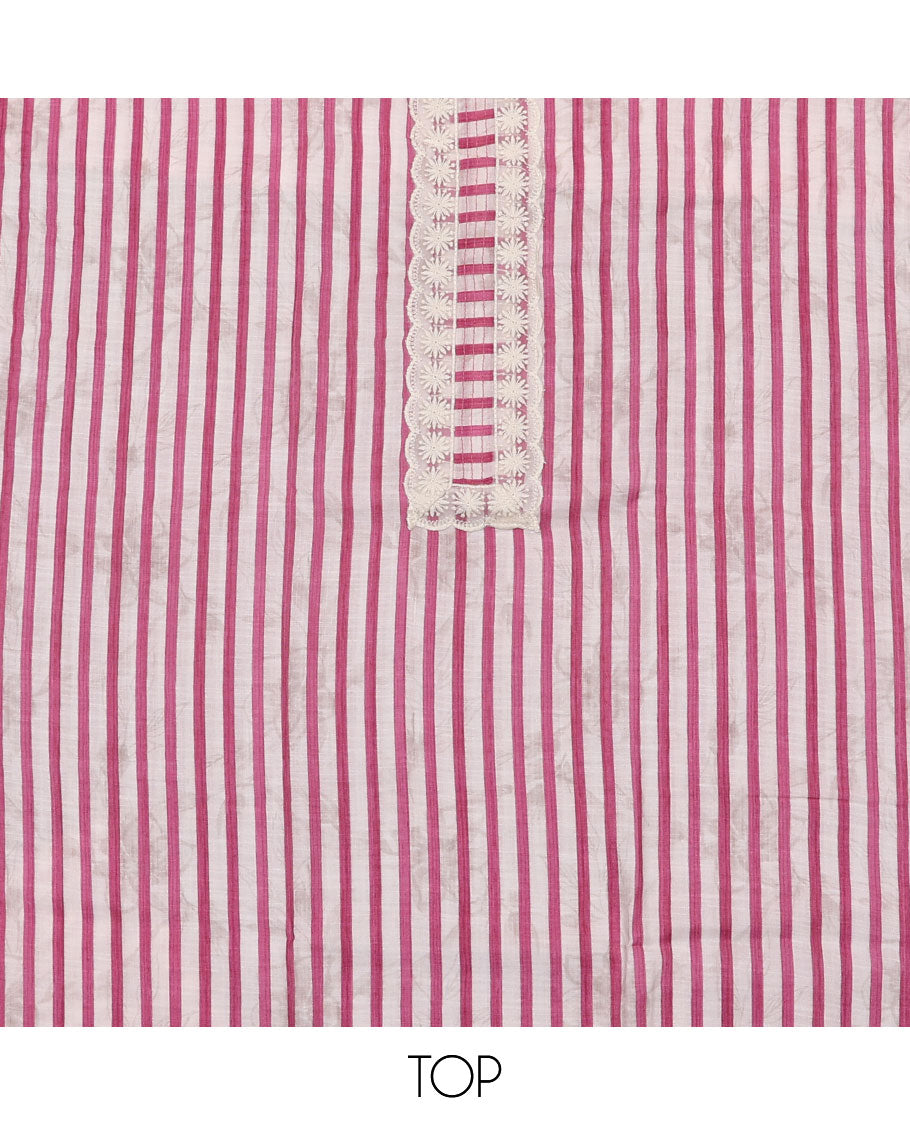 Pink material chudidar set, striped and neck work top, plain bottom, and floral printed dupatta