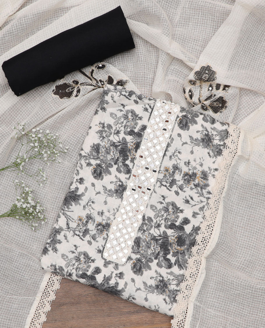 White material churidar set, floral with mirror embroidered top, contrast plain bottom, and kota chex dupatta of floral motifs embroidery, and lace work