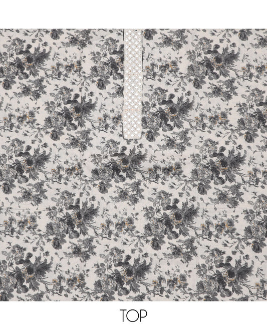 White material churidar set, floral with mirror embroidered top, contrast plain bottom, and kota chex dupatta of floral motifs embroidery, and lace work