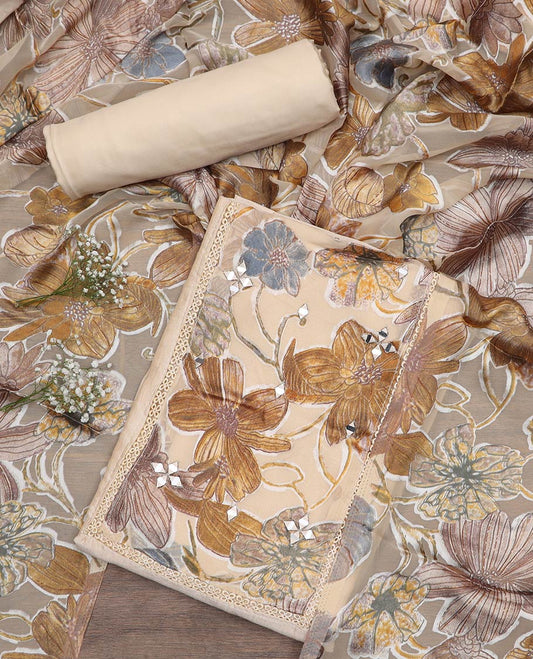 Cream material chudidar set, floral patch embroidered with mirror work top, plain bottom and floral printed dupatta