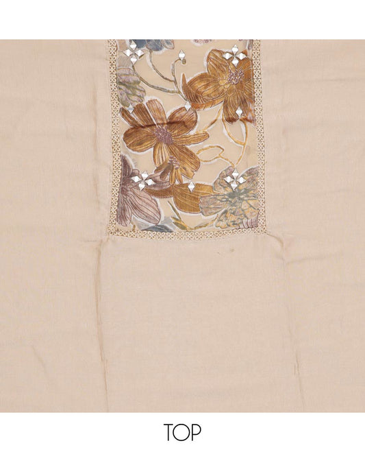 Cream material chudidar set, floral patch embroidered with mirror work top, plain bottom and floral printed dupatta