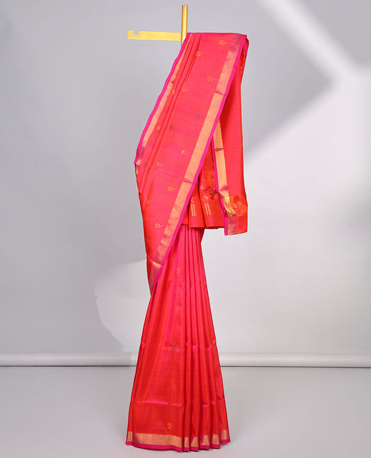 Red  floral buttas uppada silk saree with contrast zari border & floral design pallu