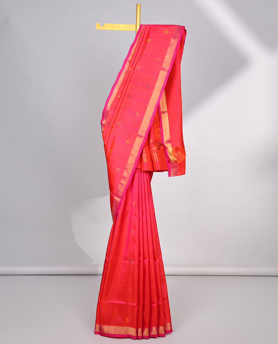 Red  floral buttas uppada silk saree with contrast zari border & floral design pallu