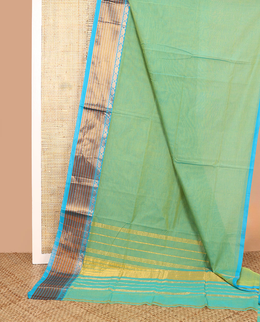 Green plain Venkatagiri cotton saree, contrast traditional zari design border, and striped pallu