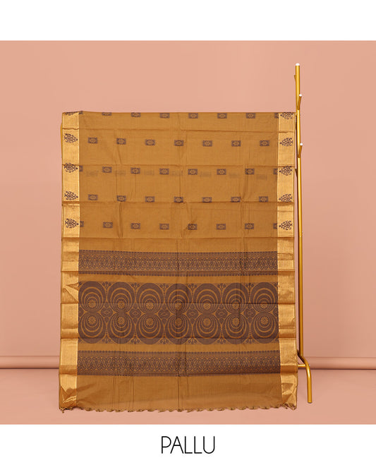 Mustard Kanchi Cotton Saree, Delicately Woven with Buttas on Its Body, a Subtle Self-Border, Pallu of Geometric Designs, and Paired with a Matching Blouse