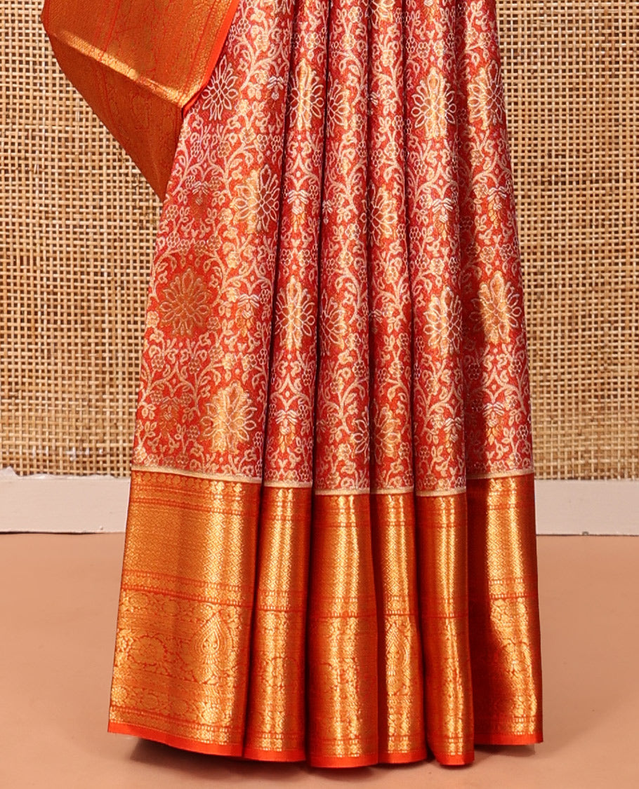 Orange Jacquard Kanchipuram Tissue Silk Saree, a Zari Border of Thilakam, Muthu, Mayil Kann, and Kodi Visiry Design, Grand Pallu, and a Matching Blouse