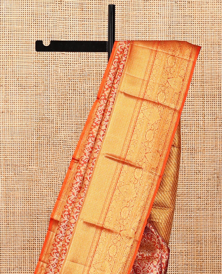 Orange Jacquard Kanchipuram Tissue Silk Saree, a Zari Border of Thilakam, Muthu, Mayil Kann, and Kodi Visiry Design, Grand Pallu, and a Matching Blouse