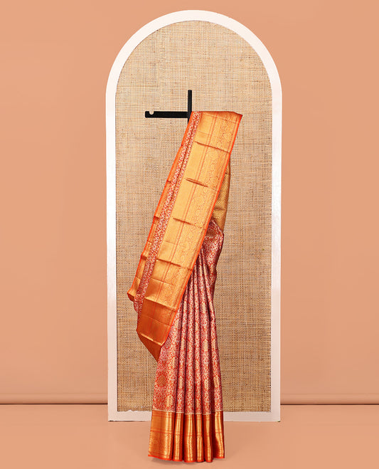 Orange Jacquard Kanchipuram Tissue Silk Saree, a Zari Border of Thilakam, Muthu, Mayil Kann, and Kodi Visiry Design, Grand Pallu, and a Matching Blouse
