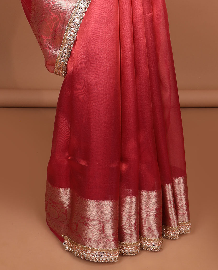 Red tissue saree with self zari design border & intricate zari design pallu