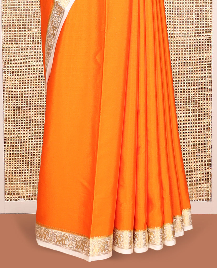 Orange Plain Mysore Silk Saree, Complemented by a Contrast Elephant Zari Border, Zari Design Pallu, and a Contrast Blouse