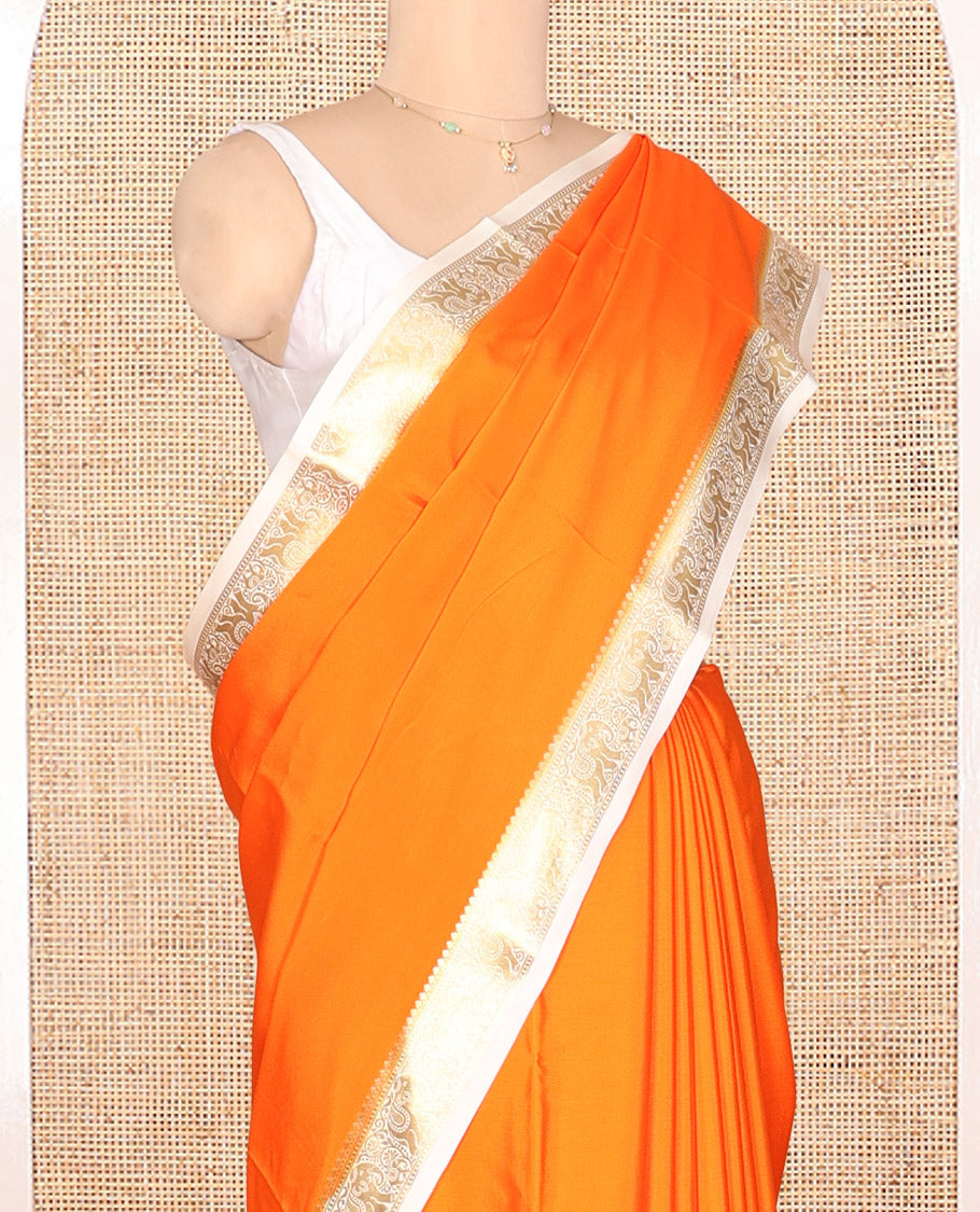 Orange Plain Mysore Silk Saree, Complemented by a Contrast Elephant Zari Border, Zari Design Pallu, and a Contrast Blouse
