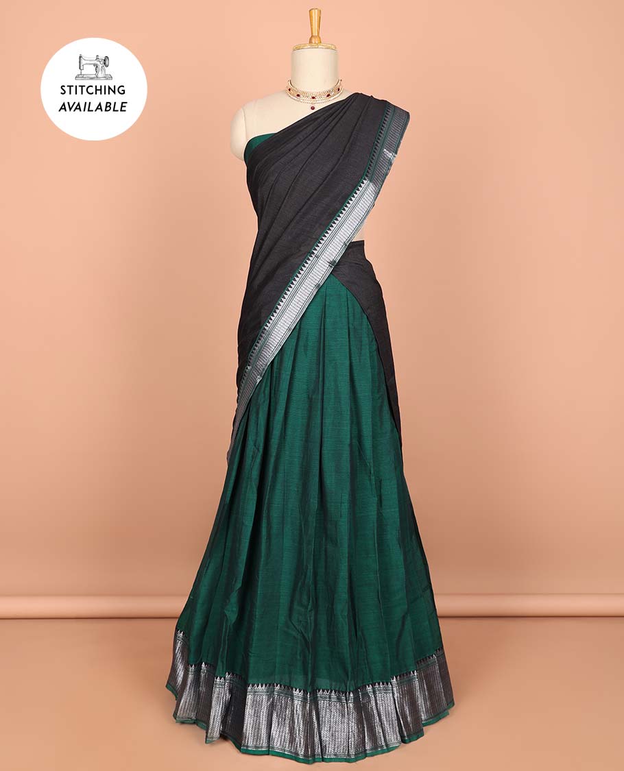 Violet cotton half saree with contrast zari border, plain blouse & plain with zari border dhavani