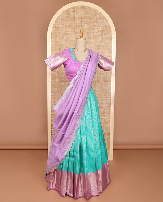 Sea blue floral art silk half saree with contrast zari design border, embroidered blouse & floral embroidery dhavani