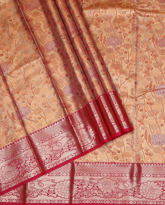 Orange art silk pavadai material set, floral jacquard pavadai, contrast blouse & traditional zari border