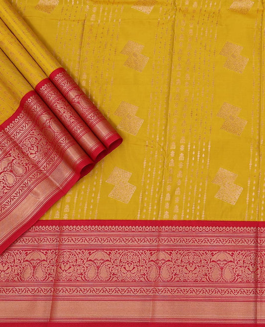 Yellow  Art Silk Pavadai Material Set, Detailed with Zari Designs Skirt, Complemented by a Contrast Traditional Zari Design Border, and Paired with a Contrast Blouse