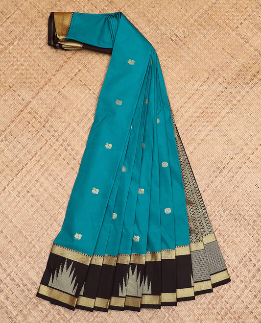 Blue peacock and chakram motifs budget silk saree, contrast traditional zari design border, and geometric design woven pallu