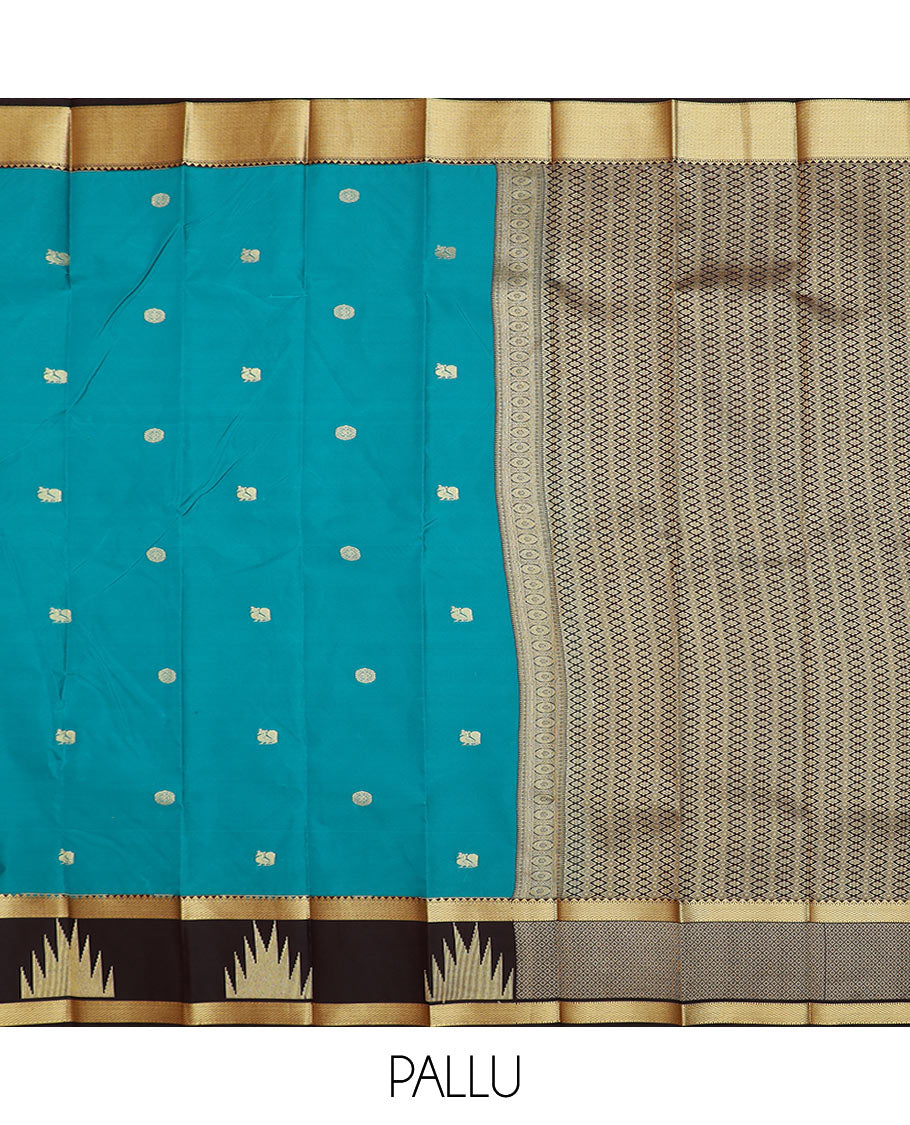 Blue peacock and chakram motifs budget silk saree, contrast traditional zari design border, and geometric design woven pallu