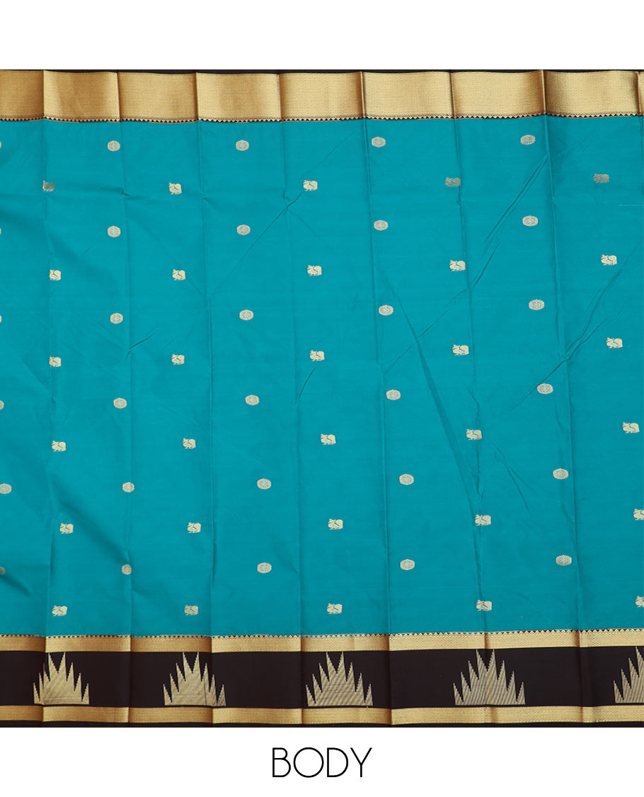 Blue peacock and chakram motifs budget silk saree, contrast traditional zari design border, and geometric design woven pallu