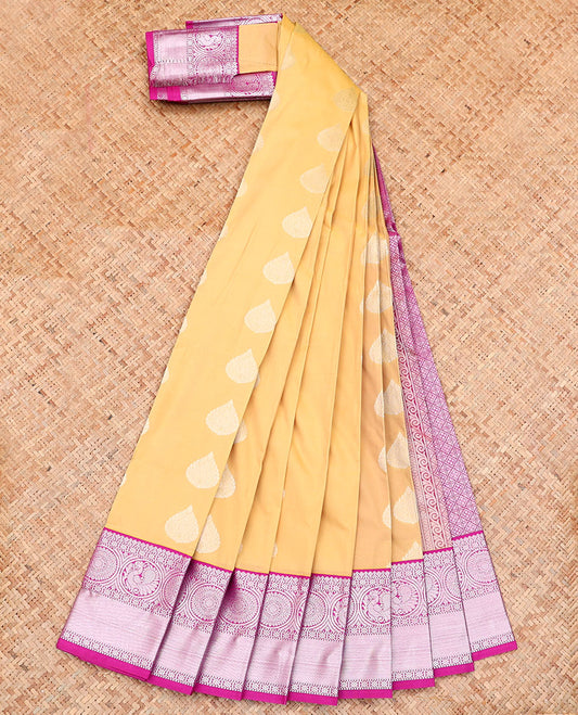 Sandal Budget Silk Saree, Detailed with Zari Buttas on Its Body, Complemented by a Contrast Traditional Zari Design Border, Grand Jaal Pallu, and Paired with a Contrast Blouse