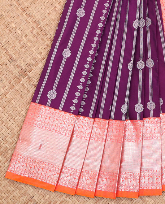 Purple Budget Silk Saree, Spotlighted with Zari Designs  All Over Its Body, Complemented by a Contrast Traditional Zari Design Border, Grand Pallu, and Paired with a Contrast Blouse