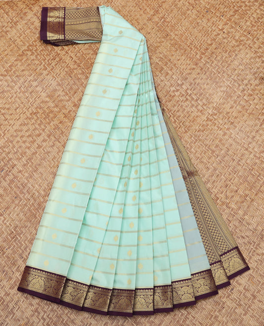 Blue Budget Silk Saree, Woven with Zari Buttas and Stripes, Complemented by a Contrast Traditional Border, Geometric Pallu, and a Contrast Blouse