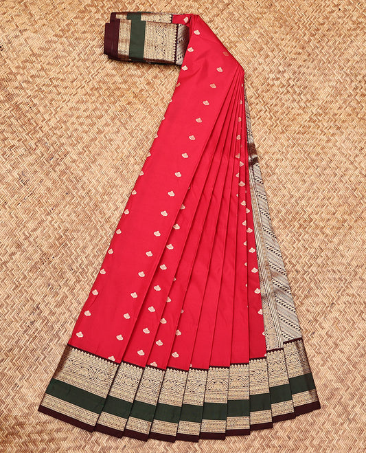Red Budget Silk Saree, Beautifully Bedecked with Zari Buttas, Complemented by a Contrast Traditional Zari Rettai Pettu Border, Grand Pallu, and a Contrast Blouse