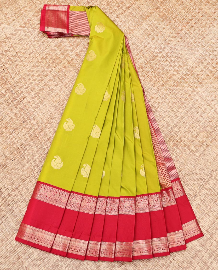Green Budget Silk Saree, Subtly Sparkled with Zari Buttas, Complemented by a Contrast Traditional Zari Rettai Pettu Border, Jaal Pallu, and a Contrast Blouse