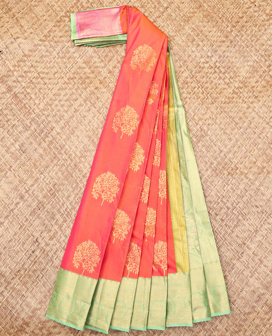 Orange Budget Silk Saree, Enriched with Tree Buttas, Complemented by a Contrast Traditional Zari Border, Intricate Pallu, and a Contrast Blouse