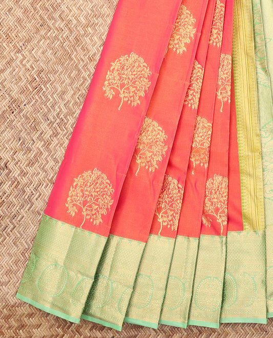 Orange Budget Silk Saree, Enriched with Tree Buttas, Complemented by a Contrast Traditional Zari Border, Intricate Pallu, and a Contrast Blouse