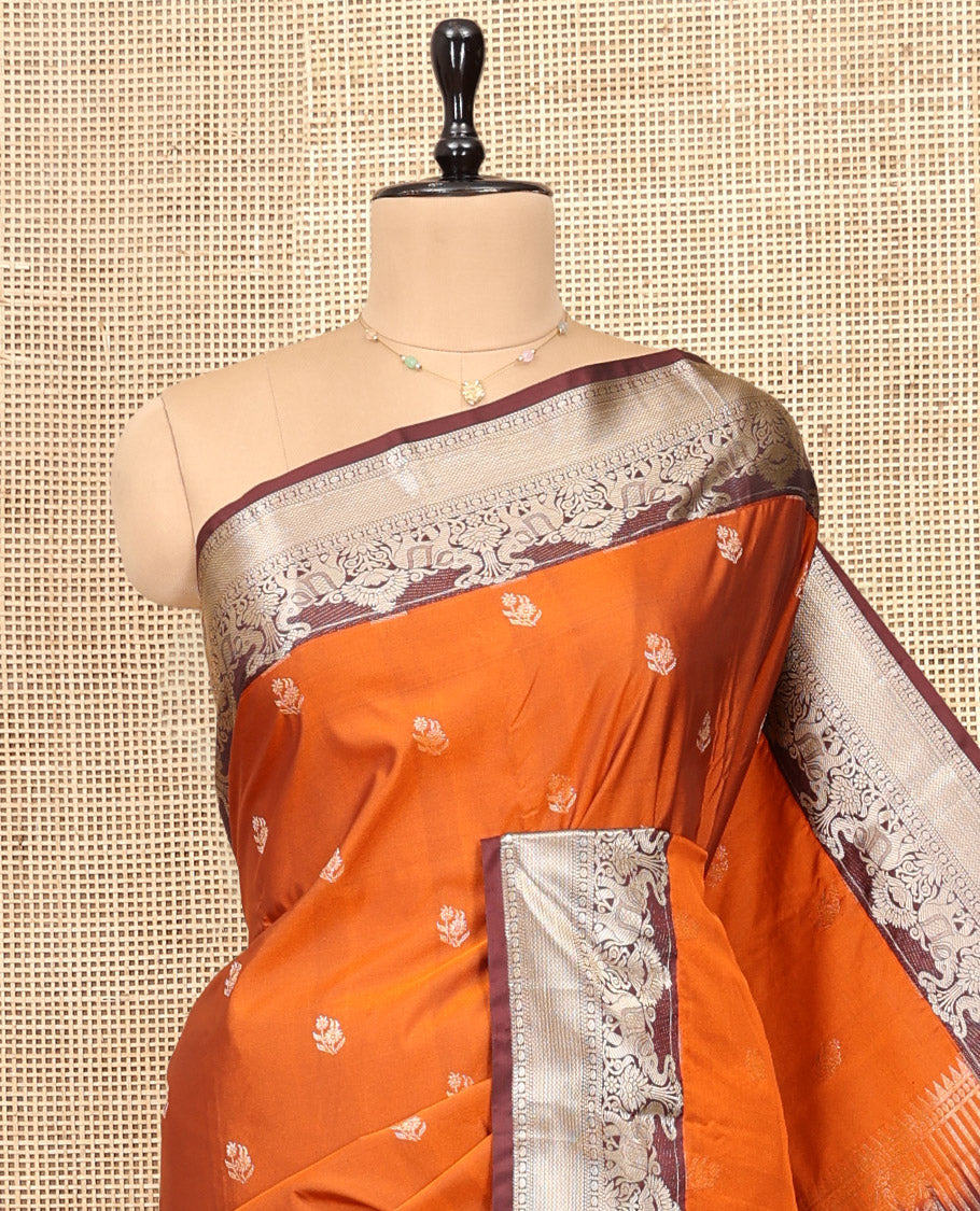 Orange Budget Silk Saree, Delicately Woven with Zari Buttas, Complemented by Contrast Traditional Zari Border, Pallu of Jaal and Paisleys, and Contrast Blouse