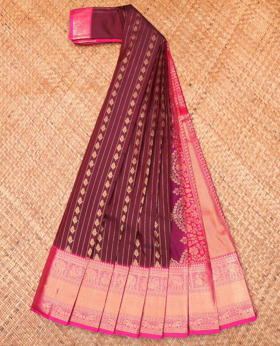 Maroon Budget Silk Saree, Mesmerized with Zari Buttas and Stripes All Over Its Body, Complemented by Contrast Traditional Zari Designs Woven Border, Grand Pallu and Paired with a Contrast Blouse