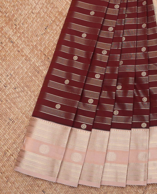 Brown Budget Silk Saree, Artfully Designed with Zari Buttas and Stripes All Over Its Body, Complemented by Contrast Traditional Zari Designs Woven Border, Grand Jaal Pallu and Paired with a Contrast Blouse