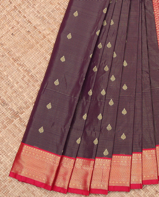 Purple Shade Budget Silk Saree, Beautifully Bedecked with Zari Buttas and Zari Stripes on Its Body, Complemented by a Contrast Traditional Zari Design-Woven Border, Jaal-Patterned Designs, and Paired with a Contrast Blouse