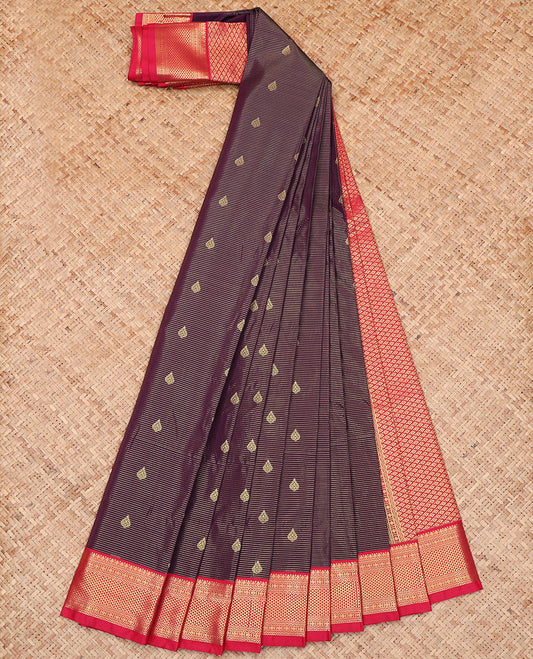 Purple Shade Budget Silk Saree, Beautifully Bedecked with Zari Buttas and Zari Stripes on Its Body, Complemented by a Contrast Traditional Zari Design-Woven Border, Jaal-Patterned Designs, and Paired with a Contrast Blouse