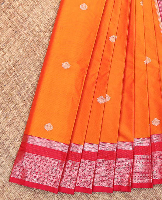Orange Budget Silk Saree, Beautifully Bedecked with Zari Buttas All Over Its Body, Complemented by a Contrast Traditional Zari Design Border, Intricately Designed Pallu, and Paired with a Contrast Blouse
