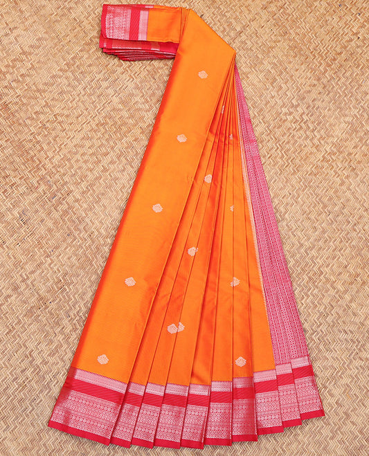 Orange Budget Silk Saree, Beautifully Bedecked with Zari Buttas All Over Its Body, Complemented by a Contrast Traditional Zari Design Border, Intricately Designed Pallu, and Paired with a Contrast Blouse