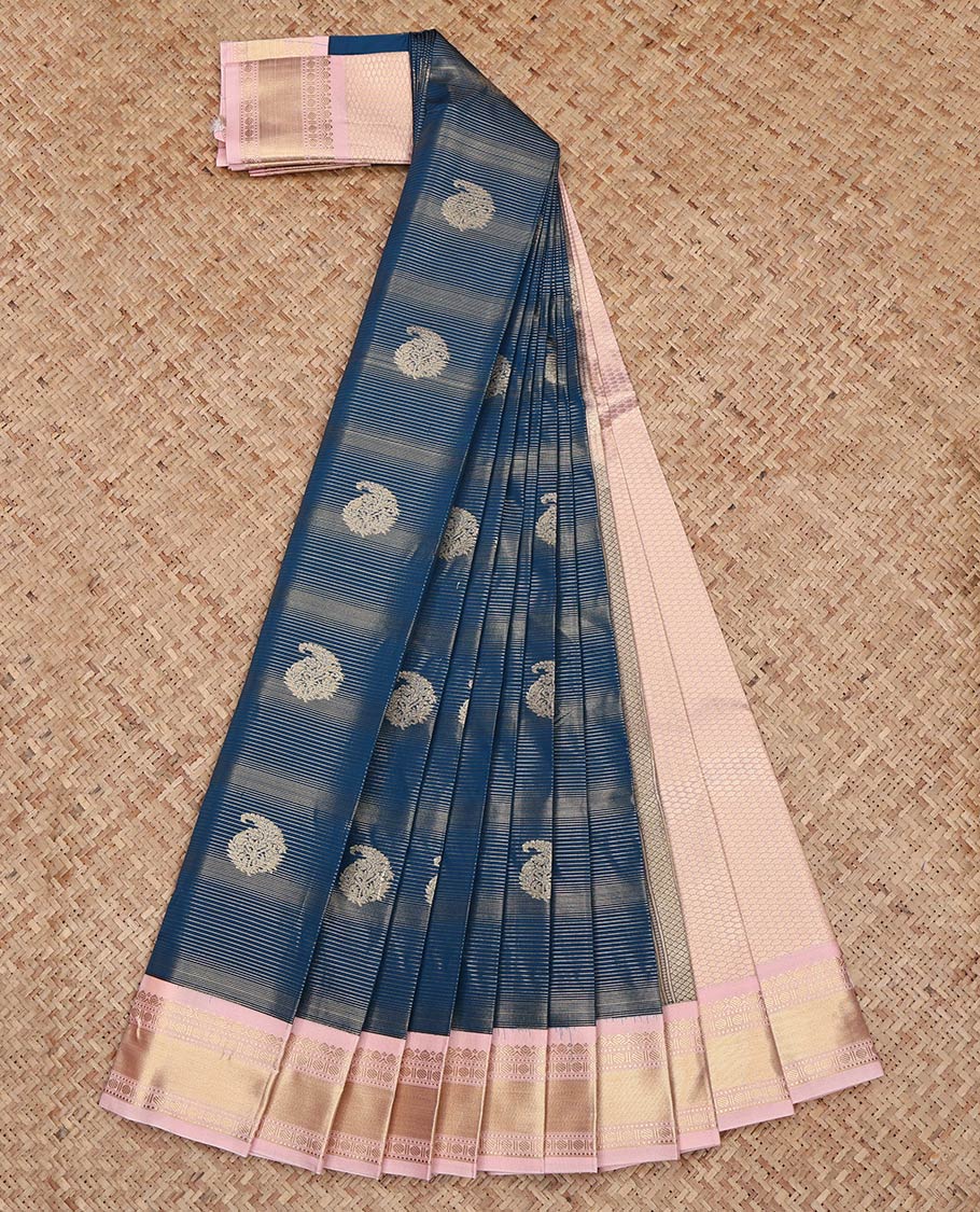 Blue Budget Silk Saree, Richly Detailed with Zari Buttas and Zari Stripes on Its Body, Complemented by a Contrast Traditional Zari Design Border, Grand Jaal Pallu, and Paired with a Contrast Blouse