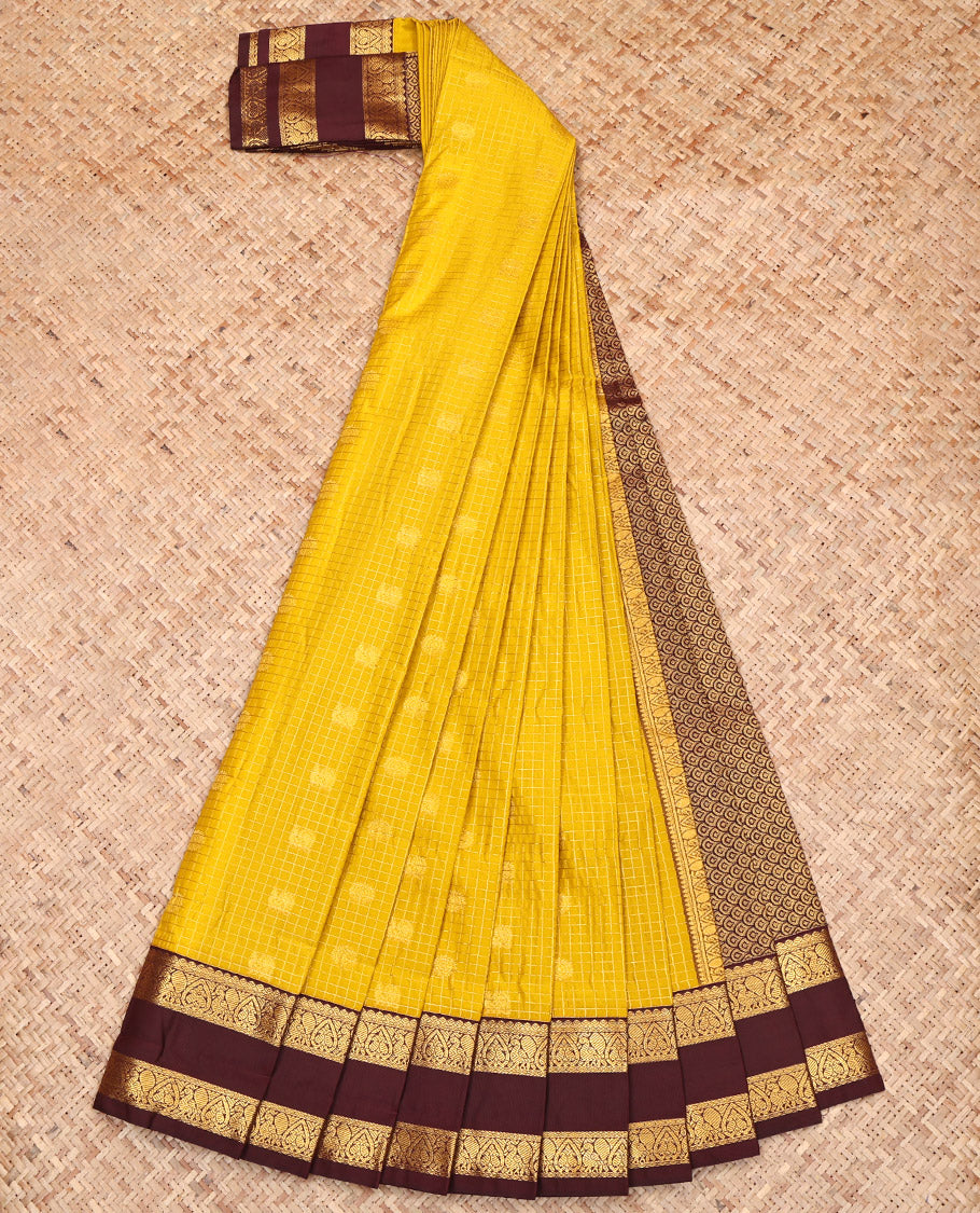 Yellow Budget Silk Saree, Sparsely Woven with Zari Buttas and Checks, Complemented by a Contrast Traditional Zari Design Rettai Pettu Border, Grand Pallu, and a Contrast Blouse