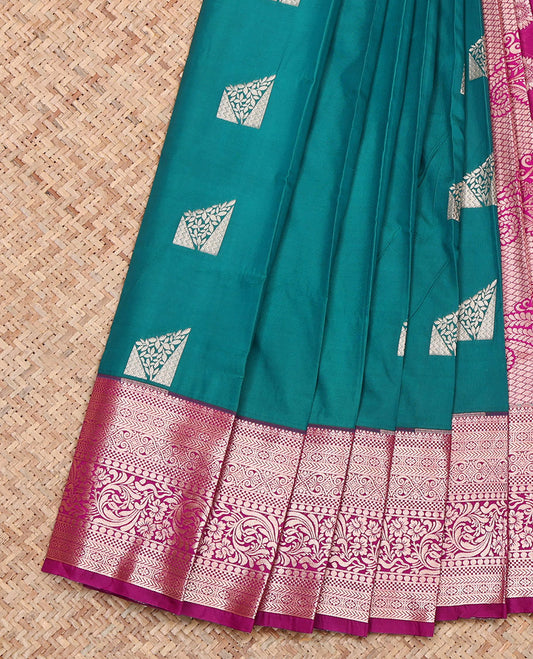 Green Budget Silk Saree, Detailed with Zari Buttas, Complemented by a Contrast Traditional Zari Border, Pallu of Paisleys, and a Contrast Blouse