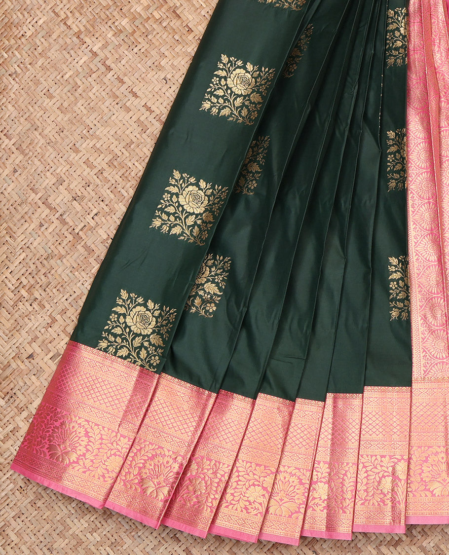 Deep Green Budget Silk Saree, Woven with Zari Buttas, Contrast Traditional Zari Border, Grand Pallu, and a Contrast Blouse