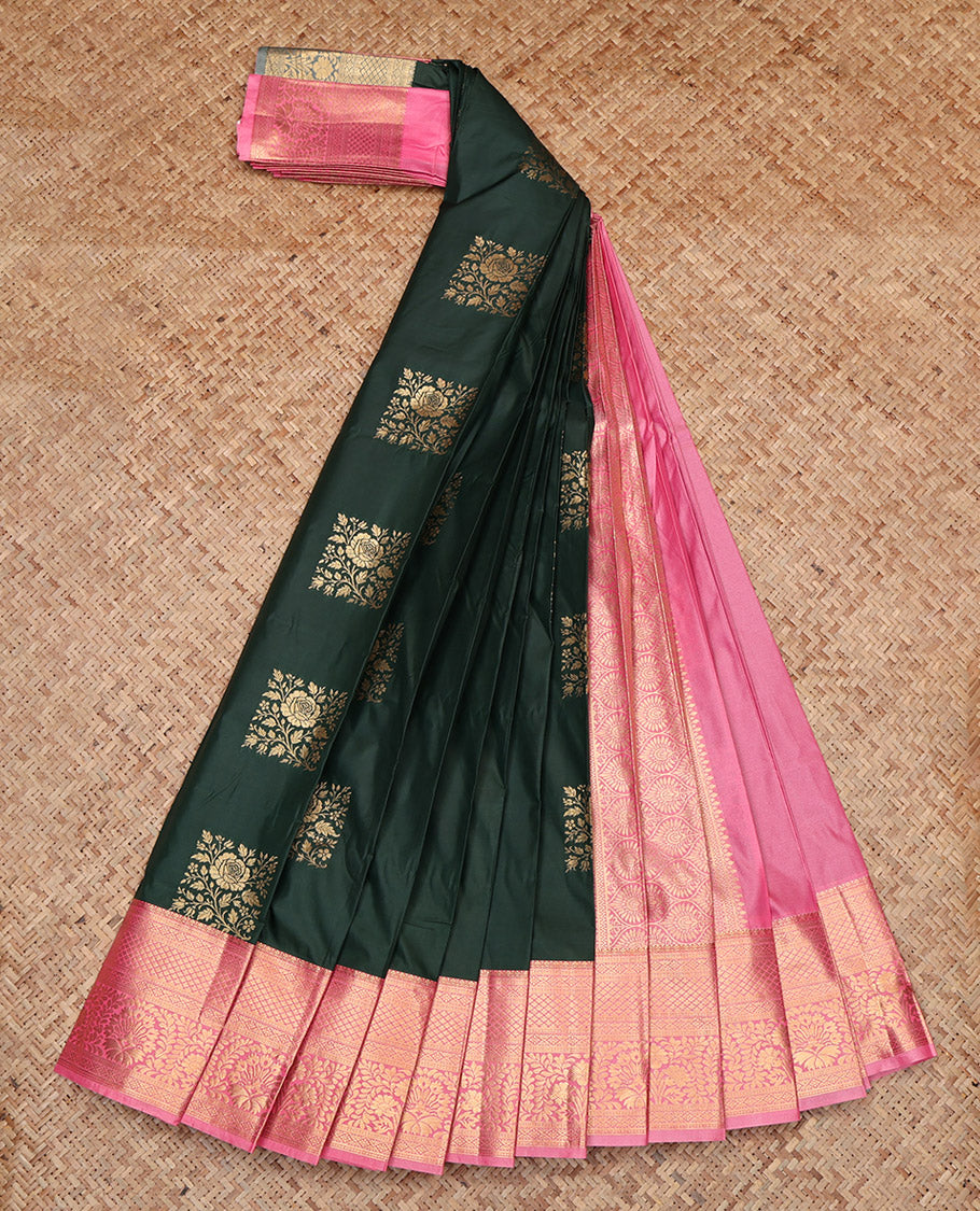 Deep Green Budget Silk Saree, Woven with Zari Buttas, Contrast Traditional Zari Border, Grand Pallu, and a Contrast Blouse