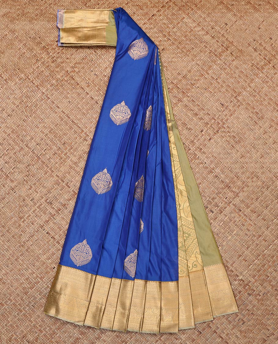 Blue Budget Silk Saree, Woven with Zari Buttas, Complemented by Contrast Traditional Zari Border, Grand Pallu and a Contrast Blouse