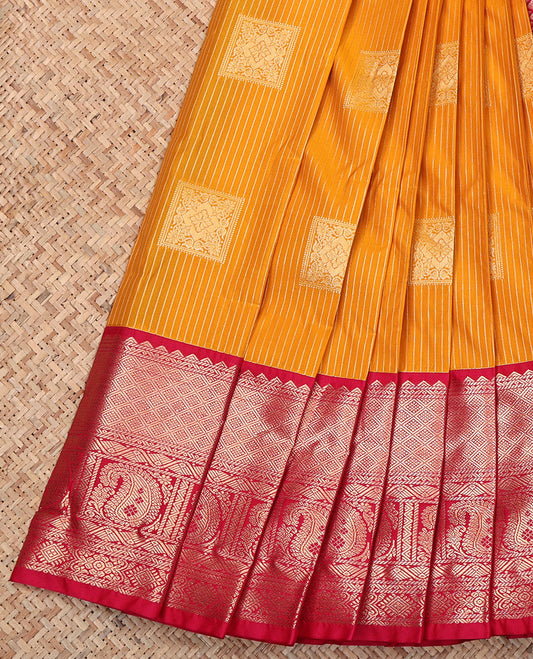 Orange Budget Silk Saree, Woven with Zari Buttas and Stripes, Contrast Tradittional Zari Border, Jaal Pallu, and a Contrast Blouse