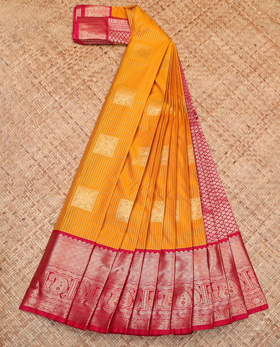 Orange Budget Silk Saree, Woven with Zari Buttas and Stripes, Contrast Tradittional Zari Border, Jaal Pallu, and a Contrast Blouse