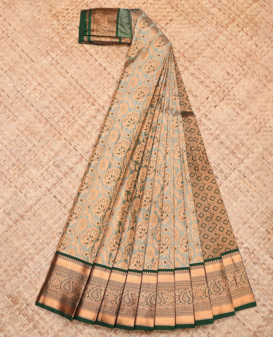 Green Budget Silk Saree, Gracefully Embellished with Floral Jacquard Design, Complemented by Contrast Traditional Zari Border, Grand Pallu and a Contrast Blouse