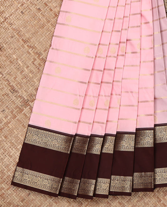 Pink Budget Silk Saree, Steeped in Richness of Zari Buttas and Stripes, Complemented by a Contrast Traditional Zari Rettai Pettu Border, Grand Pallu, and a Contrast Blouse